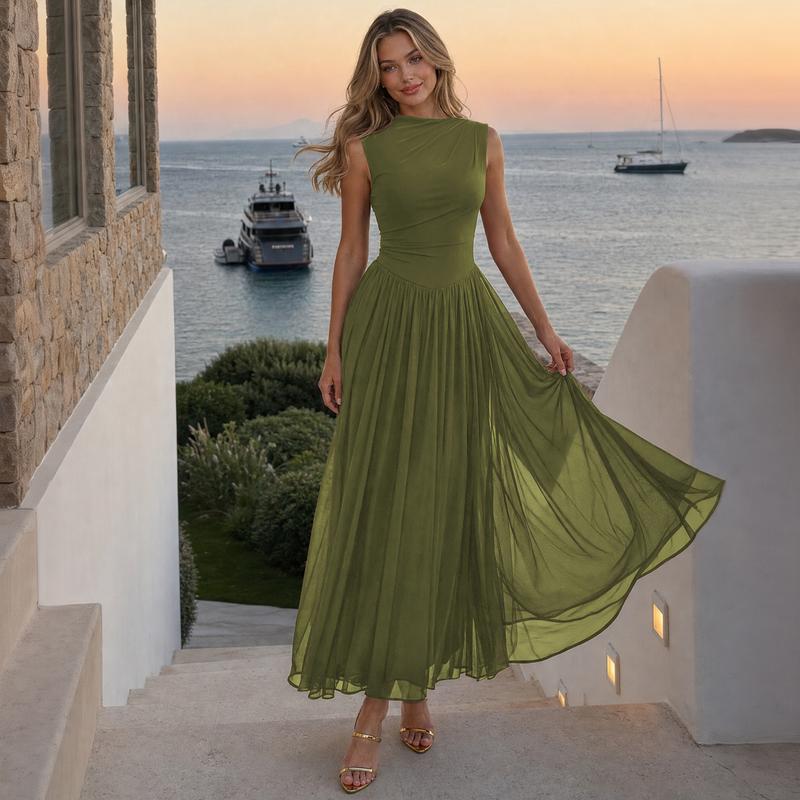 Women’s Ruched Waist Sleeveless Flowy Casual Dress - Olive Green