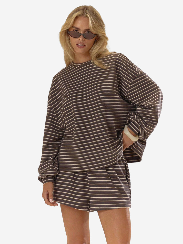Women's Soft Striped Lounge Outfit - Coffee brown